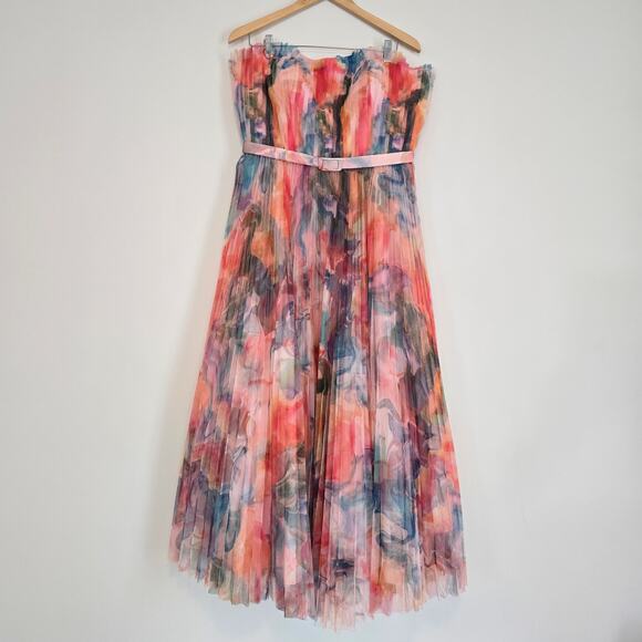 Hutch Coral Multi Swirl Strapless Pleated Fit Flare Belted Midi Dress Sz 14 - Picture 3 of 12